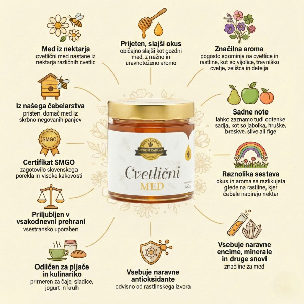 cvetlični med 450g opis pozitivnih lastnosti