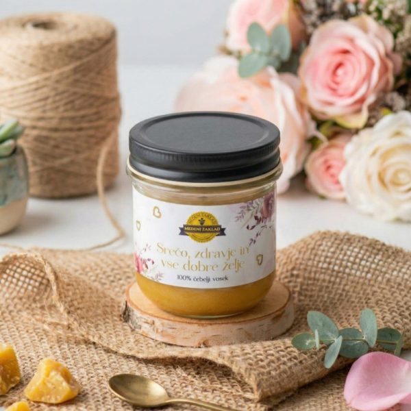 sveča iz čebeljega voska v kozarcu srečo zdravje in vse dobre želje